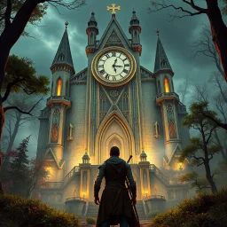 Scene from a modern fantasy action movie featuring the "Garden of Practicality", the Clockwork Forest Realm of Ix Chel, Cyberpunk style. Coloring similar to Lord of the Rings movies. With a hero standing in front of a castle mounting an analog clock.