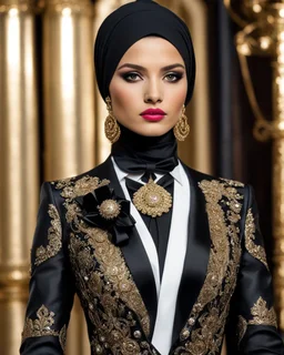 professionals photography realistic natural beauty,stand action pose ,in islamic luxury fashion show an beautiful young girl super model russian wearing islamic hijab as spy detective with shoulder length wearing luxury jewelrys and lipstick. She is wearing a islamic fashion luxury tuxedo with a black bowtie. Her jacket is black decorations golden art and it is not buttoned.Her jacket has a corsage,She is smiling. Her cufflinks are black.stand pose in futuristic luxury photos studio