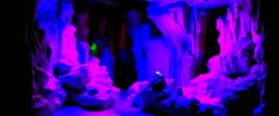 Neon purple caverns with gremlins painted by Piet Mondrian
