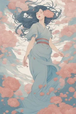 wind blowing from below, beautiful woman, loose lines, flowers, pastel colors, sense of liberation, concept art, art by james jean, takato yamamoto, 4k, concept art, illustrative