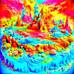 Detailed creepy landscape made of cake-frosting, city, sun, Amano, Roger Dean, strong texture, Ernst Haekel, extreme detail, intrcate, colours, Max Ernst, Sam Raimi, rich moody colours, sparkles, blue eyes, octane render, 55mm photography