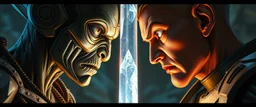 Close-up confrontation between an ancient alien outcast leader synth and a space broker, standing only a meter apart, intense eye contact, glowing crystalline rod between them, anger mixed with sadness, dramatic facial expressions, shallow depth of field, cinematic lighting, stylized 3D anime, airbrush painting, crisp outlines, escher , rembrandt and hr giger