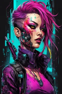 highly detailed full color concept illustration of cyberpunk anti heroine character , maximalist, sharp focus, highest resolution, in the styles of Alex Pardee, Denis Forkas , and Masahiro Ito, boldly inked, 8k, coarse, gritty textures