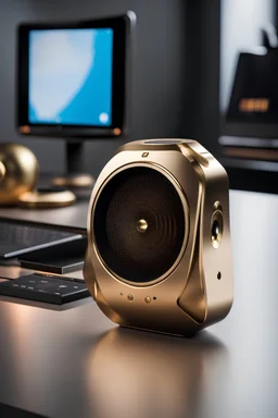 hand held CUSTOMIZABLE SPEAKER with a display screen and it is made of brass on a futuristic desk