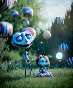 Tim burton photographer, Ultra realistic garden night scene, portrait, wide angle view :: child playing with feather pillows and sweet inflatable monsters, circus dress style, feather color, free jumping, soft color, highly detailed, unreal engine 5, ray tracing, RTX, lumen lighting, ultra detail, volumetric lighting, 3d, finely drawn, high definition.