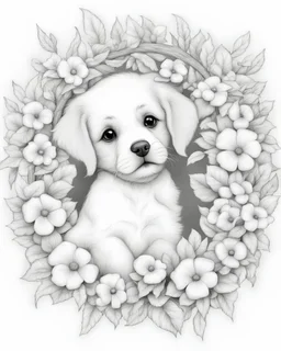 B/W coloring page, super detailed illustration for adult, "Puppies Inside a Wreath of Flowers: Nature's Charm",crisp line, line art, high resolution, smooth, law details, no shading, no fill, white background, clean line,The artwork should feature the flower's with strong and clean outline.