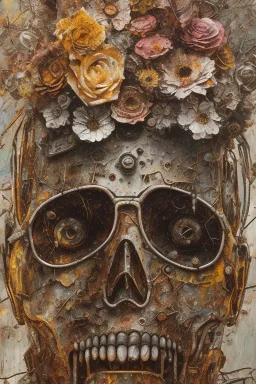 an abstract painting of rusted metal and flowers, by anselm kiefer and lucian freud, rust, scaffolding, iron cladding, decay, mixed media, textured, anatomically correct, beautiful perfect face, sharp focus, highly detailed