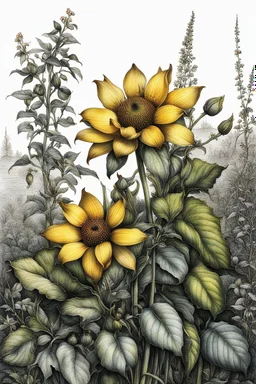 botanical pen and ink illustration, ultra realistic, award-winning: atmospheric: commanding: fantastical: clarity: 16k: ultra quality: striking: brilliance: stunning colors: masterfully crafted in the style of Albrecht Durer