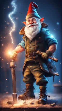 postcard portrait of bard post man sexy gnome smith man with old boots , sledge hammer banging glowing sword, in spotlight, magazine cover illustration with spray paint, signed, bokeh like, down-light, unreal engine, prize winning