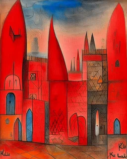 A light red fiery iron and brimstone cavern painted by Paul Klee