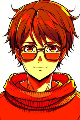 22 year old brown haired nerdy anime guy with mid part hairtyle wearing orange sweater