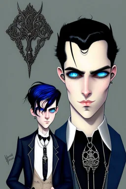 black haired blue eyed young man wererat with gothic jewelry in the style of charles addams