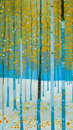 A light blue beautiful winter forest painted by Gustav Klimt