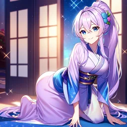 girl, masterpiece, best quality, cinematic lighting, detailed outfit, perfect eyes, long hair, light purple hair, blue eyes, ponytail, kimono, hair between eyes, hair flower, kneeling, indoors, smile, sparkle,