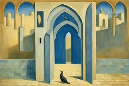 an open gothic_arab gate in a blue-tiled wall with a view of an old city by artist "Rene Magritte",by artist "Leonora Carrington"