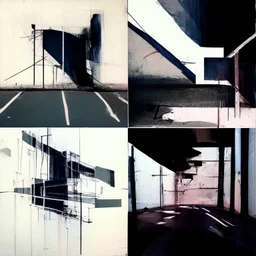 Minimal abstract oil paintings with broad brush strokes of a desolate 1960s carpark concrete fragments. Walls covered in graffiti. style of Justin Mortimer and Francis Bacon. road markings.