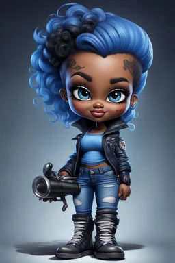 airbrush illustration of the chibi cartoon character, a voluptuous black female in a blue jean outfit with biker boots. Her prominent makeup and hazel eyes, along with her detailed blue pixie haircut, are featured in this image, set against the background of a lively bike show.