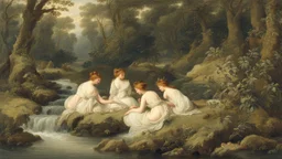 Nymphs sitting next to a stream, in a woodland clearing