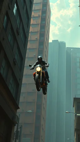 Bosch painting style nightmare in 3D , a man on motorcycle jumping between two buildings background, high Quality picture , 8k