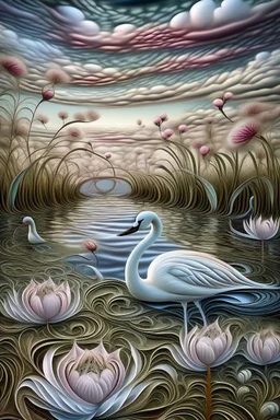 multi-layered and multidimensional structure, grasses, strange sky,amorphous swan, water lilies, unusual flowers,intricate, beautiful landscape, eggplant color, fractally, surrealism, careful drawing of details, clear contour, photorealism, botanical style, pink, white,pale blue, biryusa, mother-of-pearl luster, curls, curls, a lot smoke, beautiful, realistic, bright lighting, high resolution, high detail, bright colors, high quality, aesthetically pleasing, professional photo, 64k - - w 518