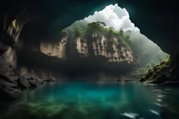 mountain river jungle cloudy dark from the right cave in the rock view from the surface of the water