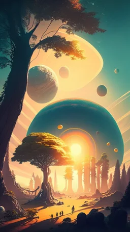 alien landscape with trees and sunlight and planets and people