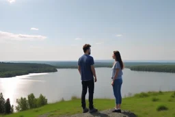 An image of two people exchanging criticism in a constructive and respectful manner, standing on a hill with a lake behind them 4K