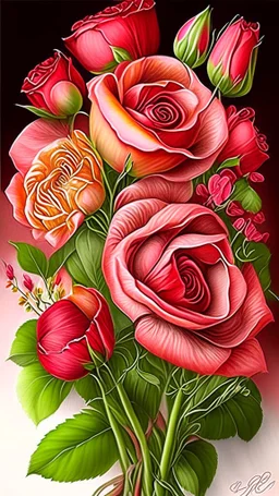 Valentines day flowers, art, drawing, very realistic, detailed, vibrant colors.