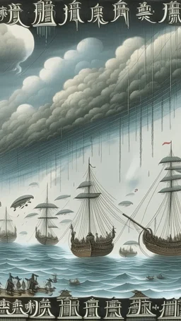 A white sky with airships in a thunderstorm painted by Utagawa Hiroshige