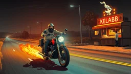 The kebab man driving fast on his holy motorcycle, fire from the exhaust, holy widescreen picture, holy empty road on the holy country at night, comic style, no helmet and he have a long holy black beard, neon kebab signs along the road, jesus stand at his market stand selling holy kebabs, simon stålenhag style, flying goose