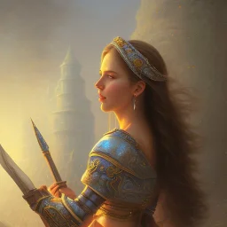 cinematic, majestic female barbarian, bokeh, castle fortress, by thomas kinkade mark keathley terry redlin