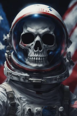 A close up of a skeleton face in an astronaut helmet and suit floating in space. inside the hollow eyes are red shining lights, scary. On his suit is an American flag and in his one hand is a small wavering American hand flag. From the back of his suit is blowing out blue, white and red smoke. Realistic, 8k, highly detailed, funny