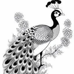 white, A peacock perched on a branch., coloring book, vector, white background, outline, with images neatly contained within the background, just black and white color, full body, no color.