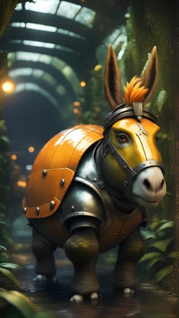 close up, magazine cover, metallic yellow orange donkey turtle chivalry knight with friendly cute face and hair locks in dark lit reflective wet jungle metallic hall dome hotel tunnel, in the style of fallout 4 game,bokeh like f/0.8, tilt-shift lens 8k, high detail, smooth render, down-light, unreal engine, prize winning