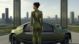 Tall thin women, with straight black hair, dressed in a camouflaged jumpsuit, looking out from the rear of a futuristic aircar, on a tarmac runway, with a city skyline in the distance