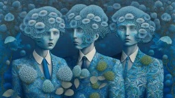 Surrealistic couple made out of blue coral that are wearing blue gray green iridescent tweed suits with paisley shirts and ties and have flowering plants on top of their heads