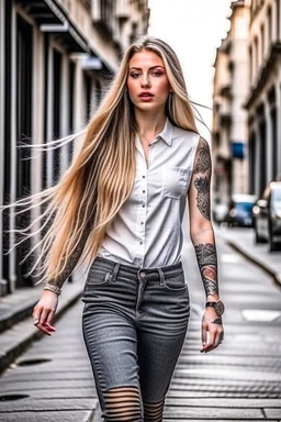 full body tattooed beautiful female supermodel with very long blonde hair floating on air unbutton shirt walking on street posing for magazine cover photoshoot