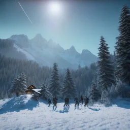 Five people hunting in snowy forest, sense of fear, mountain hut in the background, Alps, night sky, 8k, HD, cinematography, photorealistic, Cinematic, Color Grading, Ultra-Wide Angle, Depth of Field, hyper-detailed, beautifully color-coded, insane details, intricate details, beautifully color graded, Cinematic, Color Grading, Editorial Photography, Depth of Field, DOF, Tilt Blur, White Balance, 32k, Super-Resolution, Megapixel, ProPhoto RGB, VR, Halfrear Lighting, Backlight, Natural Lighting