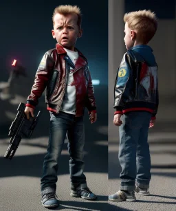 The Terminator toddler, full body, dramatic lighting, angry, hyper realistic