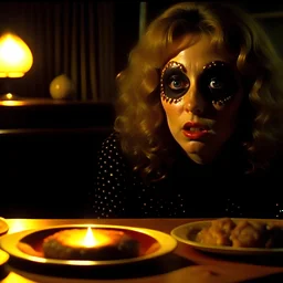 Spooky, ultra realistic distress, dining, ultra realistic hot woman, giant eye on a table, organic hot bondes, dynamic, anguish, excited and lively scene, hypermaximalist figures, Creepy the Ring Alfred Hitchcock, Sam Raimi, insanely detailed, sinister, John Carpenter, Dario Argento, ornate