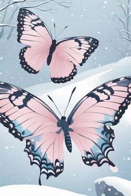 Light pink and light blue butterflies in the snowy winter