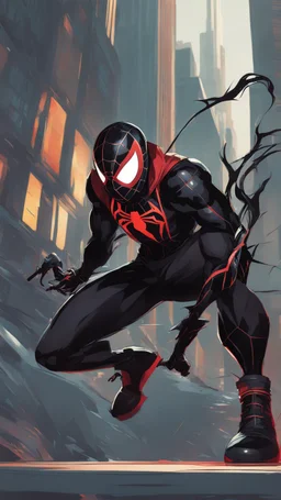 miles morales mix with venom symbiote in solo leveling shadow artstyle, Street boy them, intricate details, highly detailed, high details