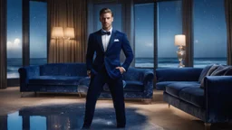 Hyper Realistic Handsome-Muscular-Man-with-little-smile Wearing Navy-Blue-Velvet-Tuxedo standing in a dark-room with blue-patterned-living-room-with-glass-windows-&-beach-view-at-night & water-splashes on the floor with fancy-navy-blue-couch-&-fancy-lamps-on-wall