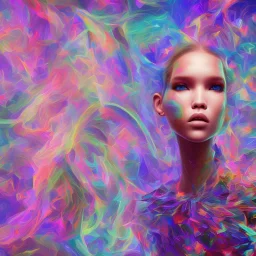 Sasha Luss with a VR headset into generative art chrome water and rainbow sky