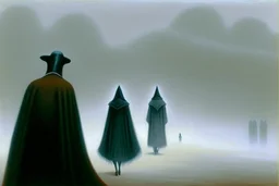 two people in capes seen from behind walking side by side in an empty foggy plain by artist "Leonora Carrington"