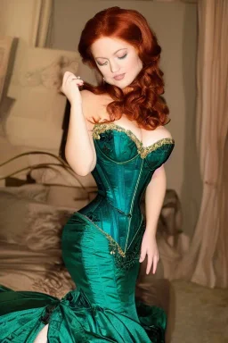 Busty princess full body with long auburn hair green eyes wearing a big dark teal green and gold satin ballgown corset off shoulder top at night