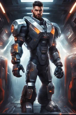 Illustrate a most muscular meaty bearded aribic hunk Bodybuilding champion build alike more more more more muscle way too much muscle for the suit dressed in a dark metalic color body metal uniform with sliver lining on))space cop MechWarrior with a full body picture of him working in a spacestation，zayn malik facial alike more colorful background and suit
