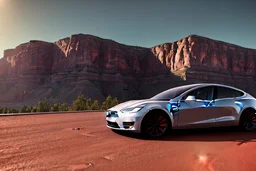 A Tesla 'Model S' is parked, in the 'Grand Canyon National Park'. (CINEMATIC, WIDE ANGLE LENS, PHOTO REAL)
