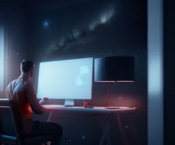 man coding in his computer in a dark room with walls, sky stars