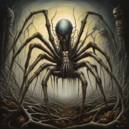 Bone spider, horror surrealism, by Kris Kuksi, matte oil painting, long brush strokes, weird, sinister, nightmarish, decalcomania